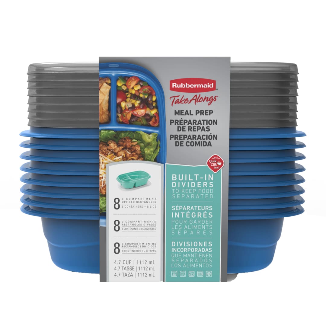 Rubbermaid TakeAlongs Divided Meal Prep Containers, 1.1 L (4.7 Cup), Colour May Vary (Blue or Teal), 8 Pack