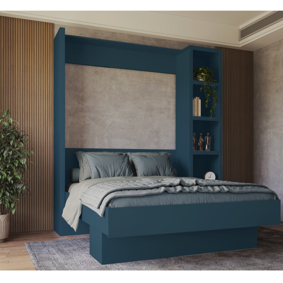 Easy-Lift Queen Murphy Wall Bed in Blue with Bookshelf