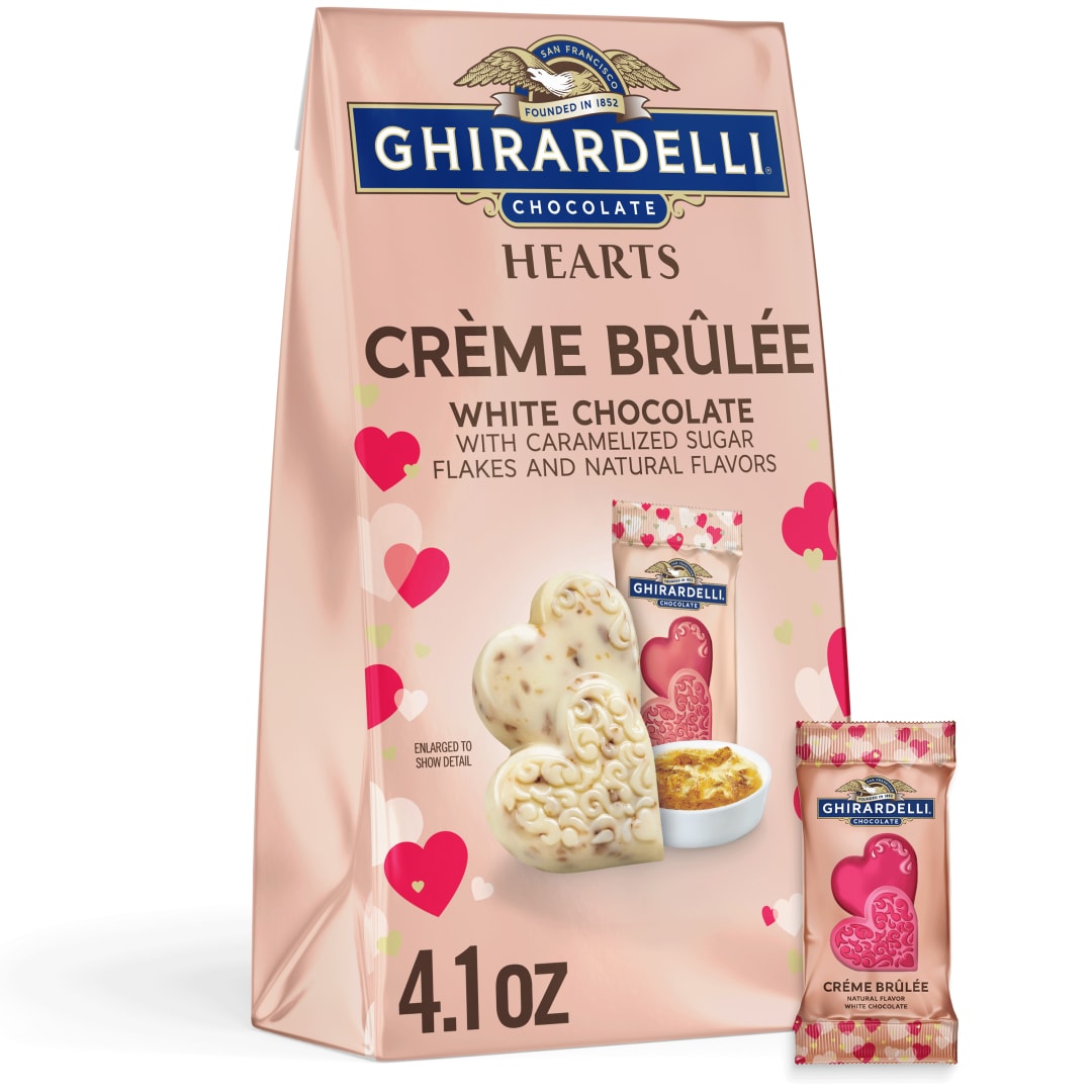 GHIRARDELLI White Chocolate Creme Brulee Duet Hearts, Chocolate Hearts for Valentines, 4.1 OZ Bag