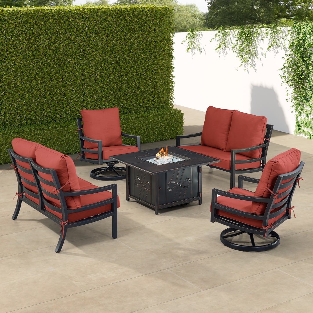 Black Aluminum Patio Fire Table Set with Two Deep Seating Loveseat with Cushions and Two Club Chairs