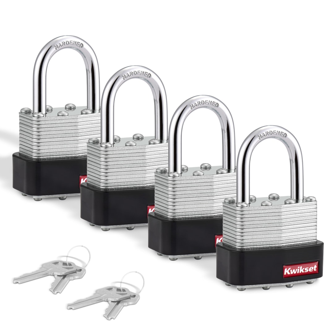 Kwikset Laminated Steel Padlock with Hardened Steel Shackle, 1-9/16 in Body, 1 in Shackle, 4 Pack