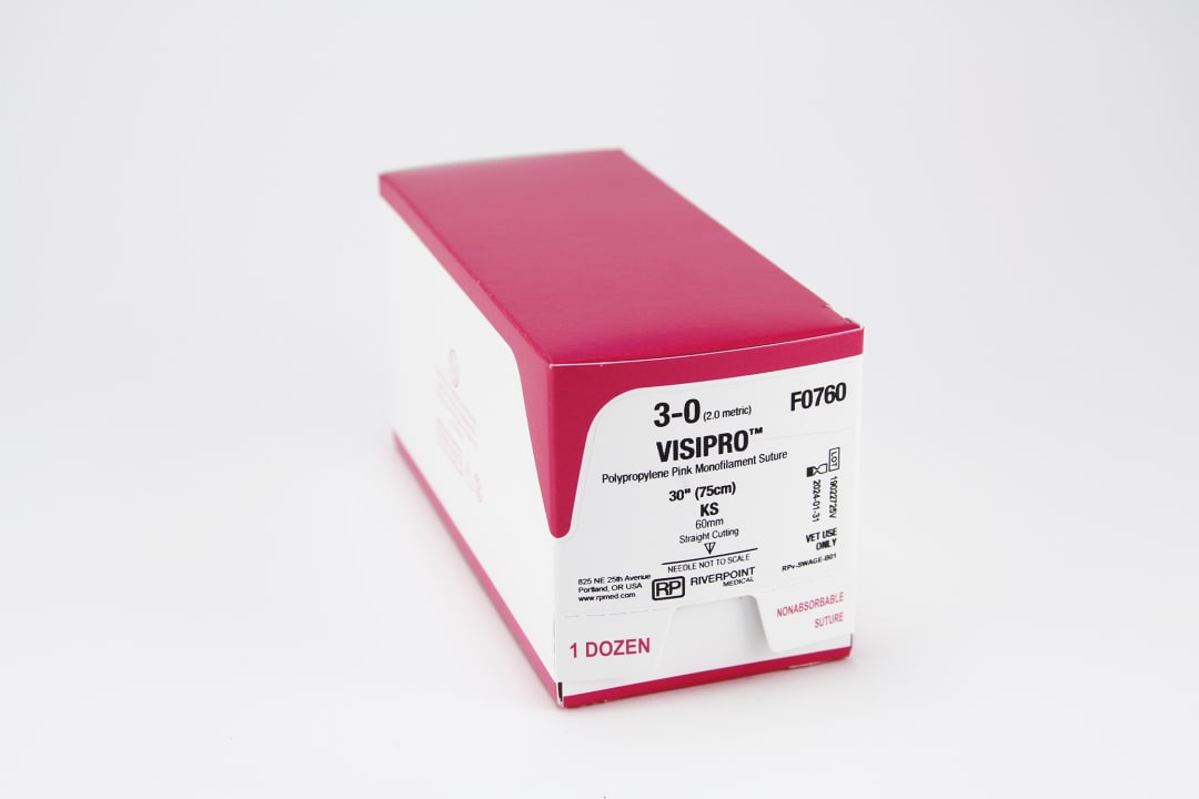 VisiPro PP Large Animal Suture, USP 3-0 with 60mm KS Straight Cutting Needle, Fluorescent Pink, 75cm, Sterile