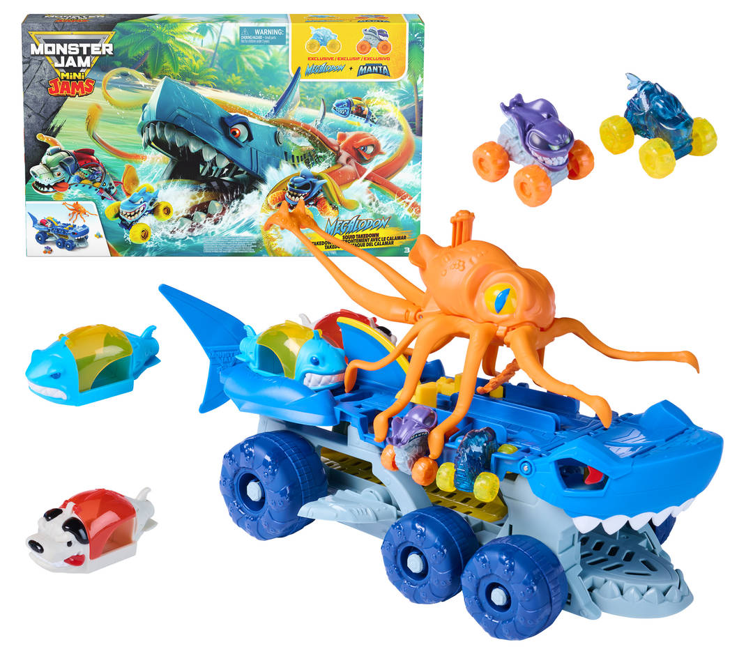 Monster Jam Mini Jams Megalodon Squid Takedown Monster Trucks Playset