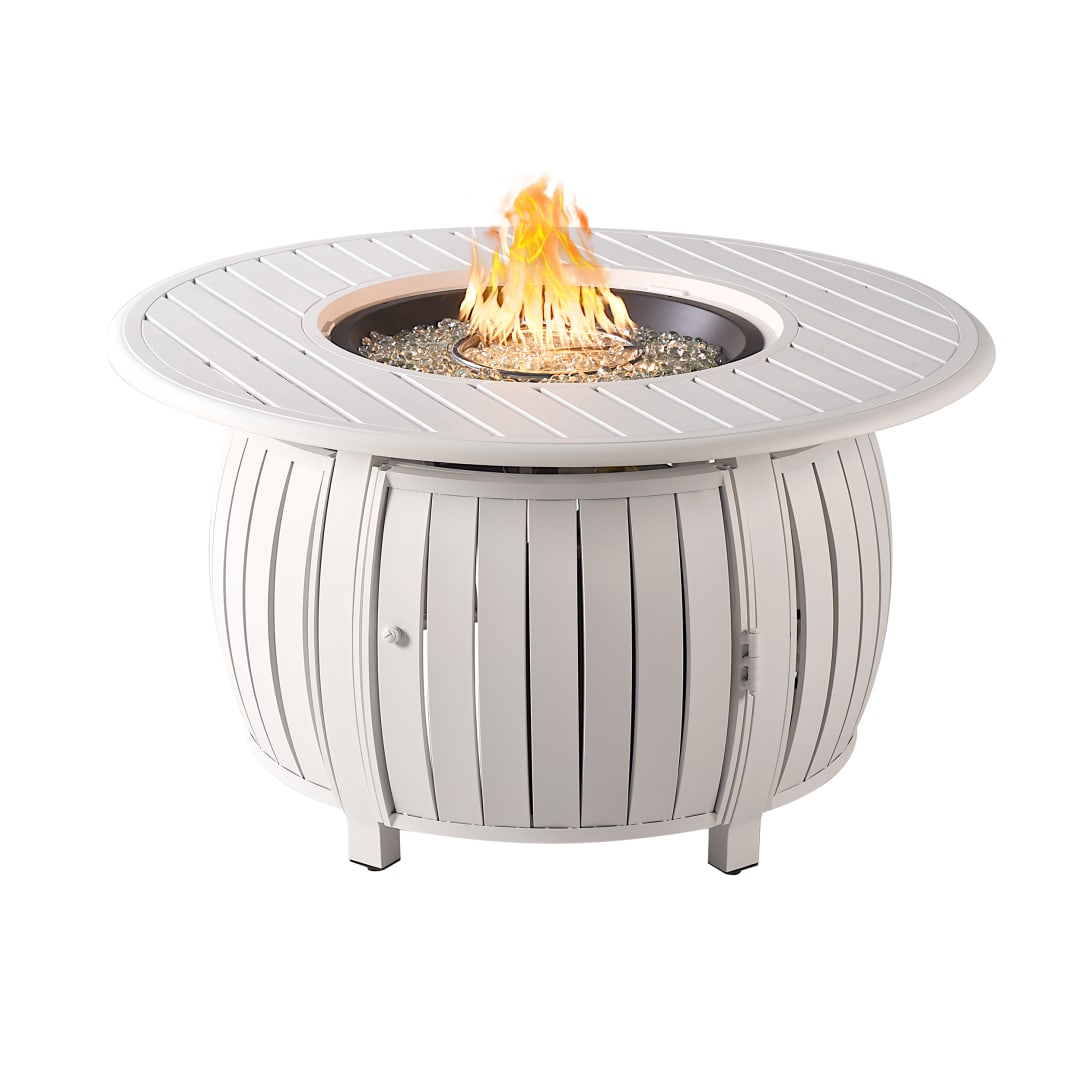 Round 44 in. x 44 in. Aluminum Propane Fire Pit Table with Glass Beads, Two Covers, Lid, 55,000 BTUs in White Finish