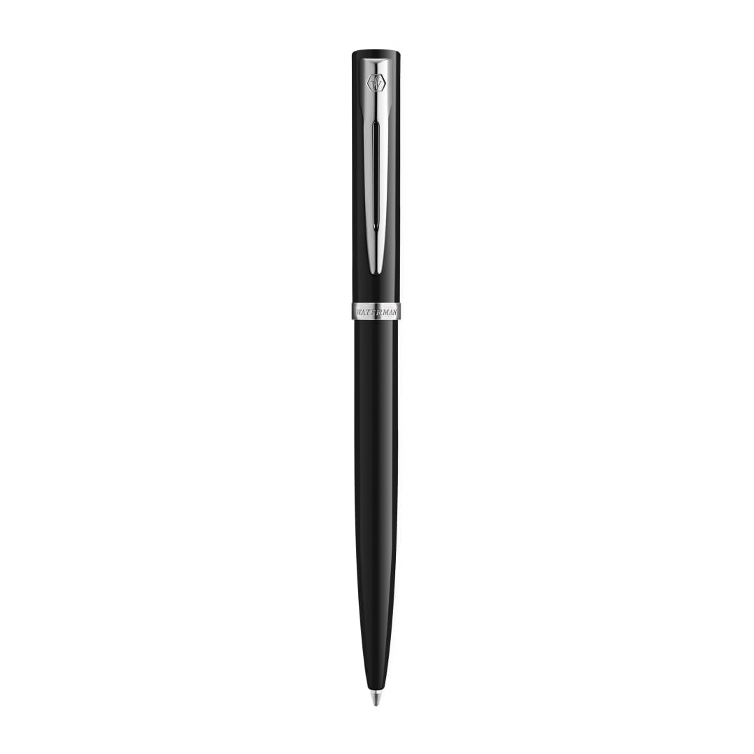 Waterman Impression Bolígrafo | Punta media con recarga de tinta azul | Laca negra con adornos chapados en paladio | Caja de regalo