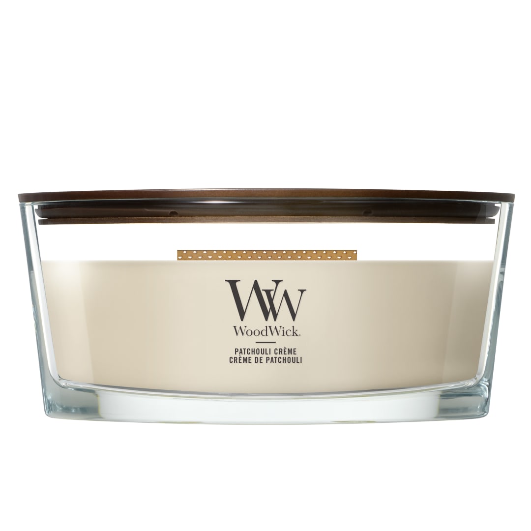 Woodwick Ellipse Vela perfumada con mecha crepitante | Patchouli Crème | Hasta 50 horas de duración | Regalos para mujeres