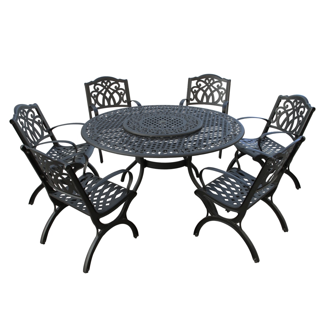 Modern Ornate Outdoor Mesh Aluminum 59-in Large Black Round Patio Dining Set with Lazy Susan and Six Chairs