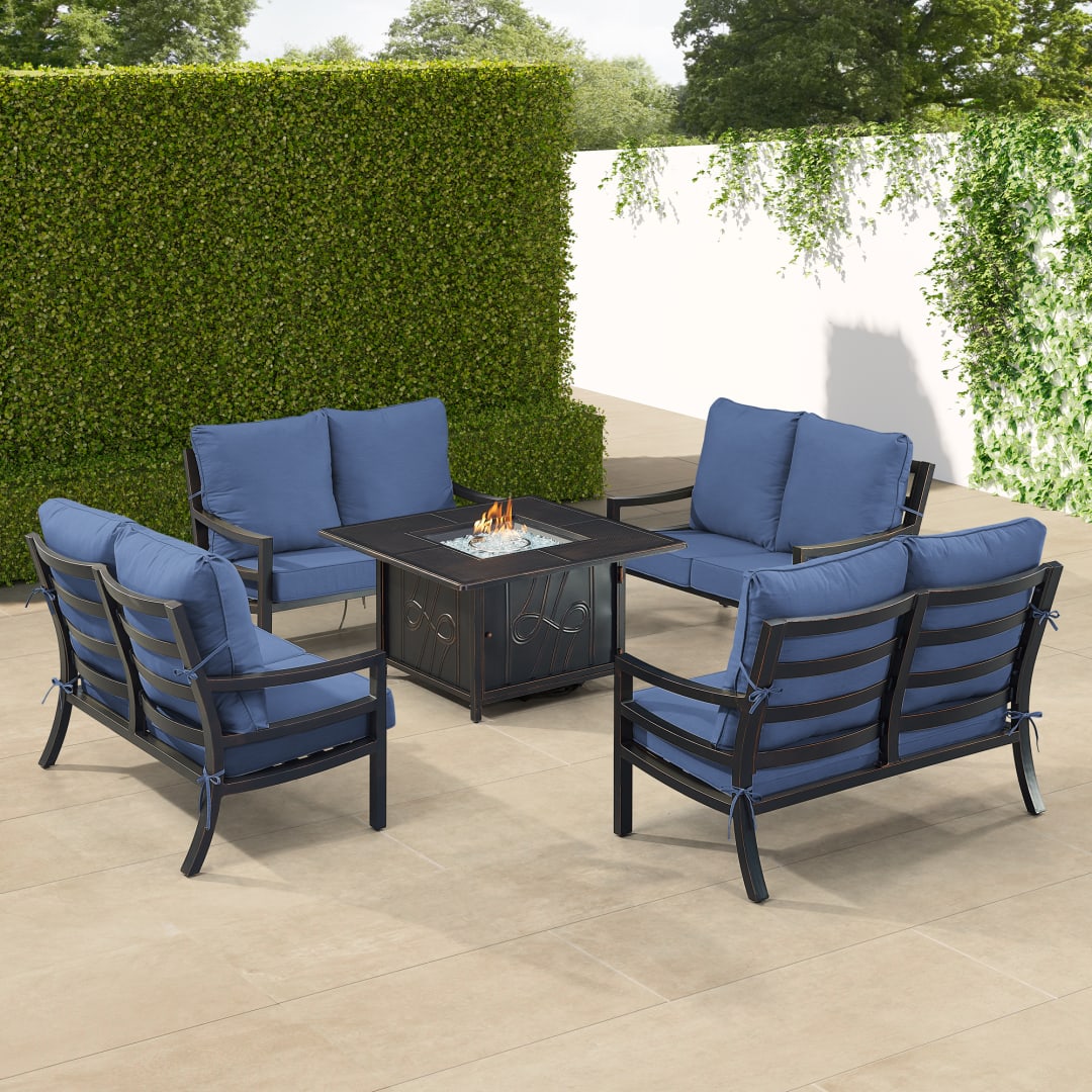 Black Aluminum Patio Fire Table Set with Four Deep Seating Loveseat with Cushions