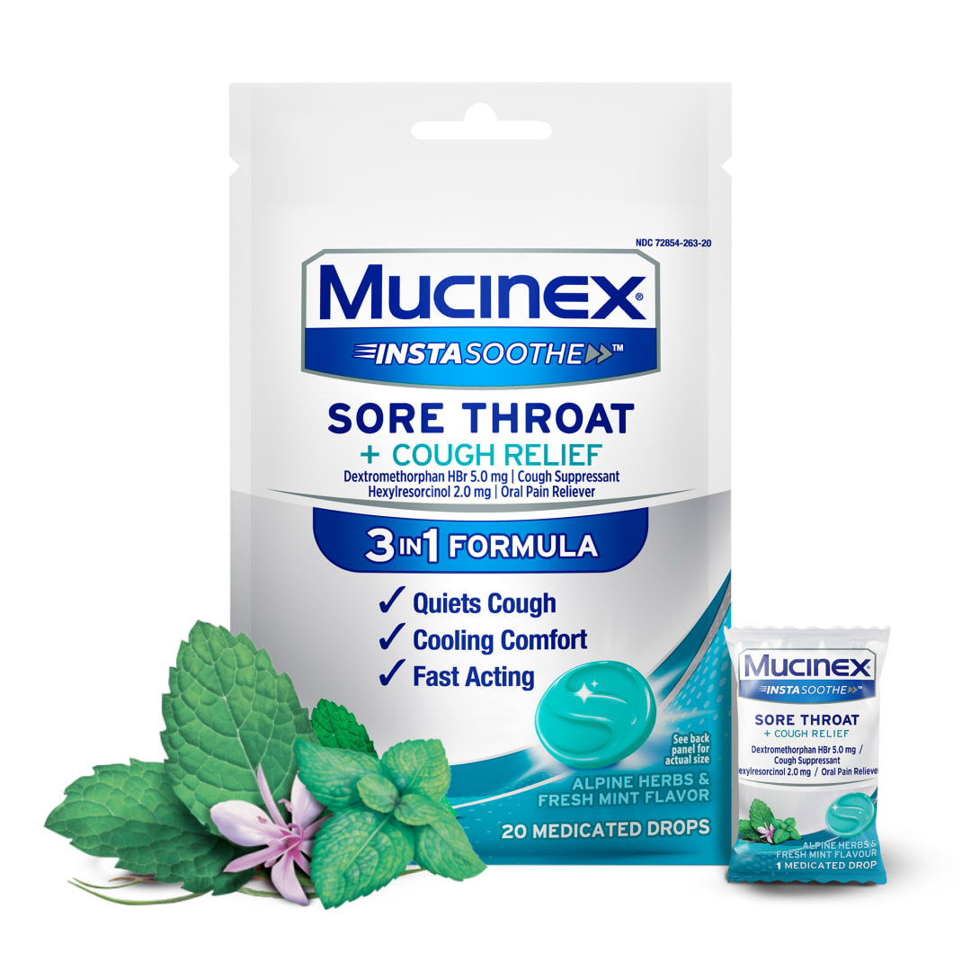 MUCINEX® InstaSoothe™ Sore Throat + Cough Relief - Alpine Herbs & Fresh Mint 36/20 ct.