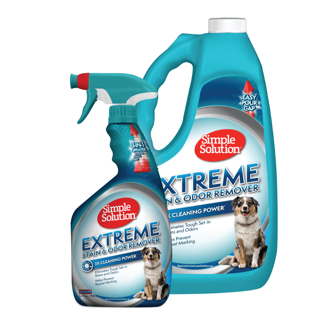 Simple Solution Extreme Pet Stain and Odor Eliminator Spray, Enzyme Cleaner With 3X Pro-Bacteria Cleaning Power for Dogs and Cats, Strong Enzymatic Smell Remover for Carpets, Upholstery, and Floors, 32 oz and Gallon