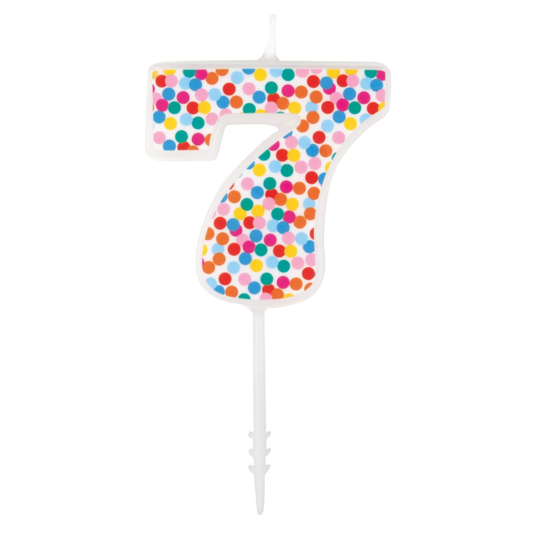 Packed Party Number 7 Confetti Patterned White Pick Birthday Candle