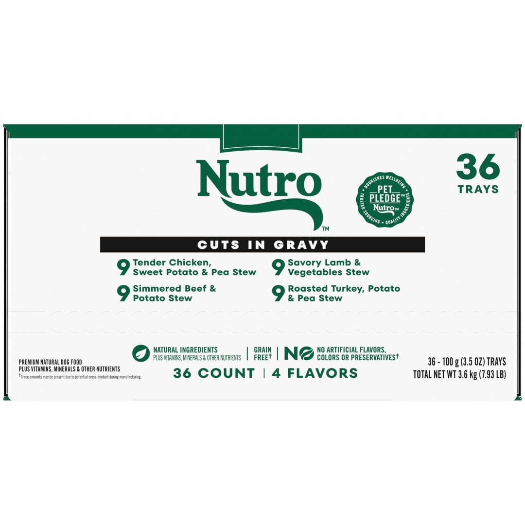 NUTRO Adult Natural Grain Free Wet Dog Food Cuts in Gravy Beef, Lamb, Chicken, and Turkey Variety Pack, (36) 3.5 oz. Trays