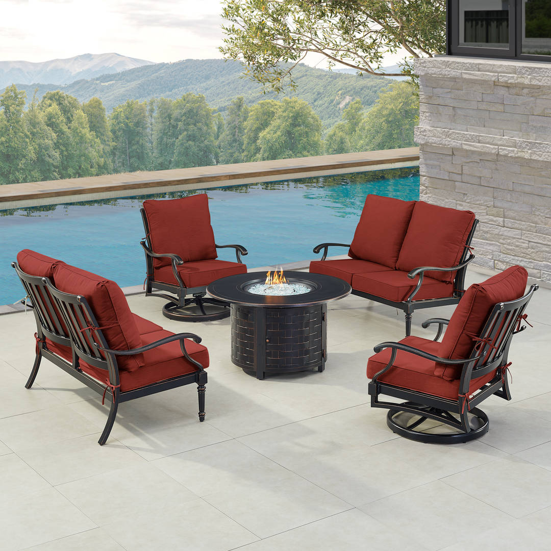 Black Aluminum Patio Fire Table Set with Two Deep Seating Loveseat with Cushions and Two Club Chairs