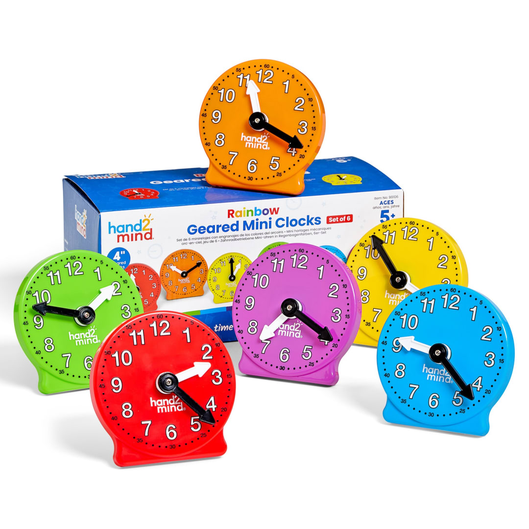 Rainbow Geared Mini Clocks, Set of 6