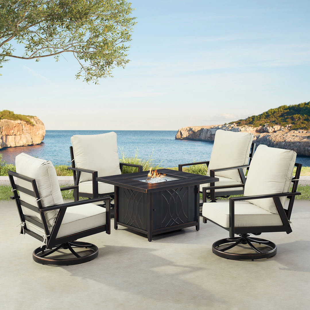 Black Aluminum Patio Fire Table Set with Four Club Chairs