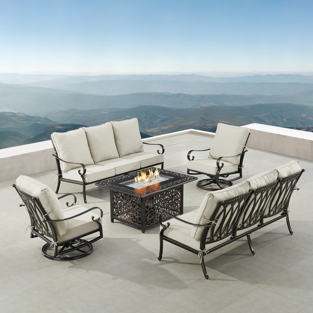 Black Aluminum Patio Fire Table Set with Two Deep Seating Sofa with Cushions and Two Club Chairs
