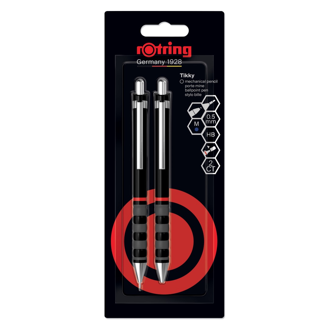 rOtring Tikky Juego de portaminas y bolígrafo | Mina HB0,5 mm | Punta media | Cuerpo negro | Ligero con empuñadura de goma