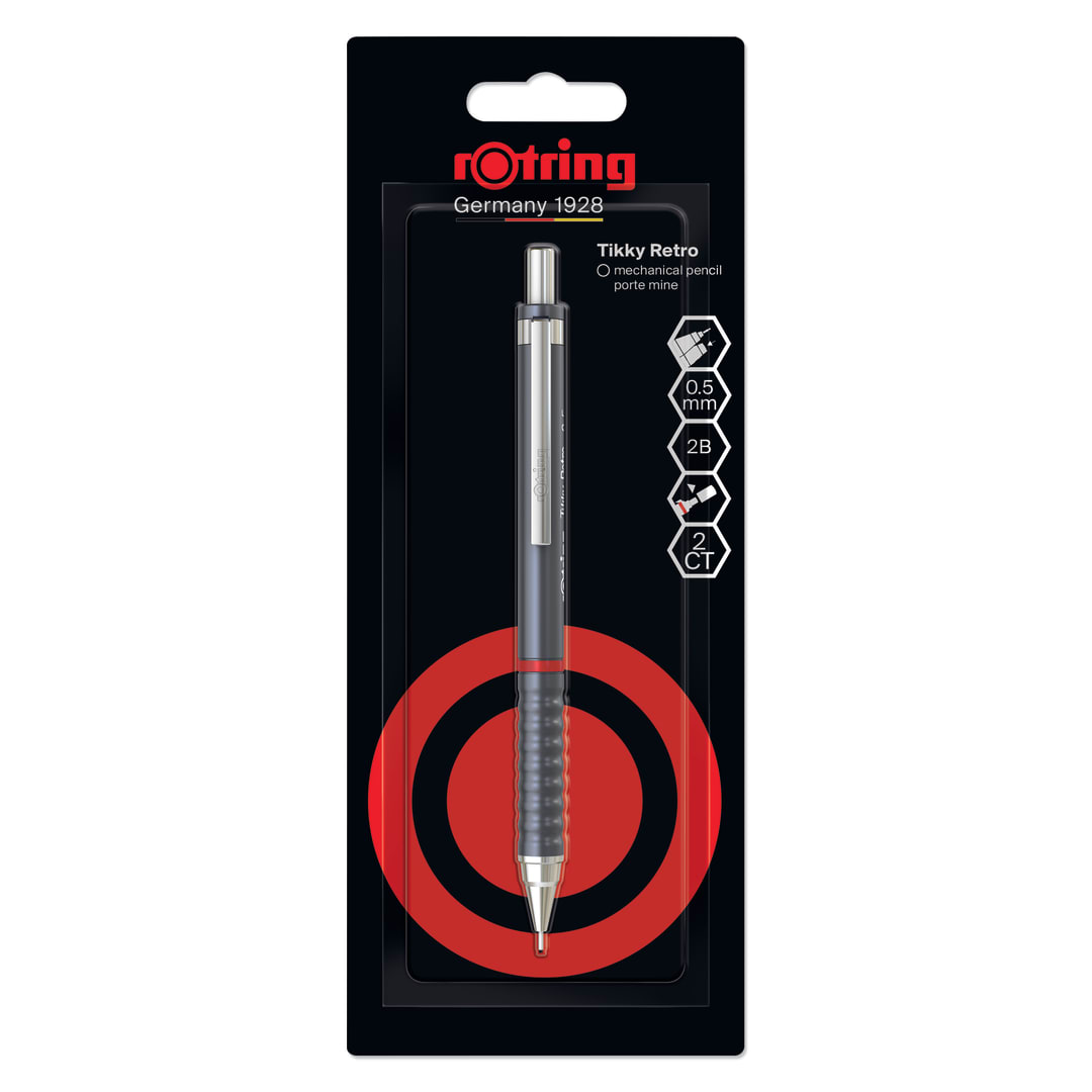 Portaminas rOtring Tikky Retro | Mina 2B0,5 mm | Cuerpo gris | Ligero con cómoda empuñadura ondulada
