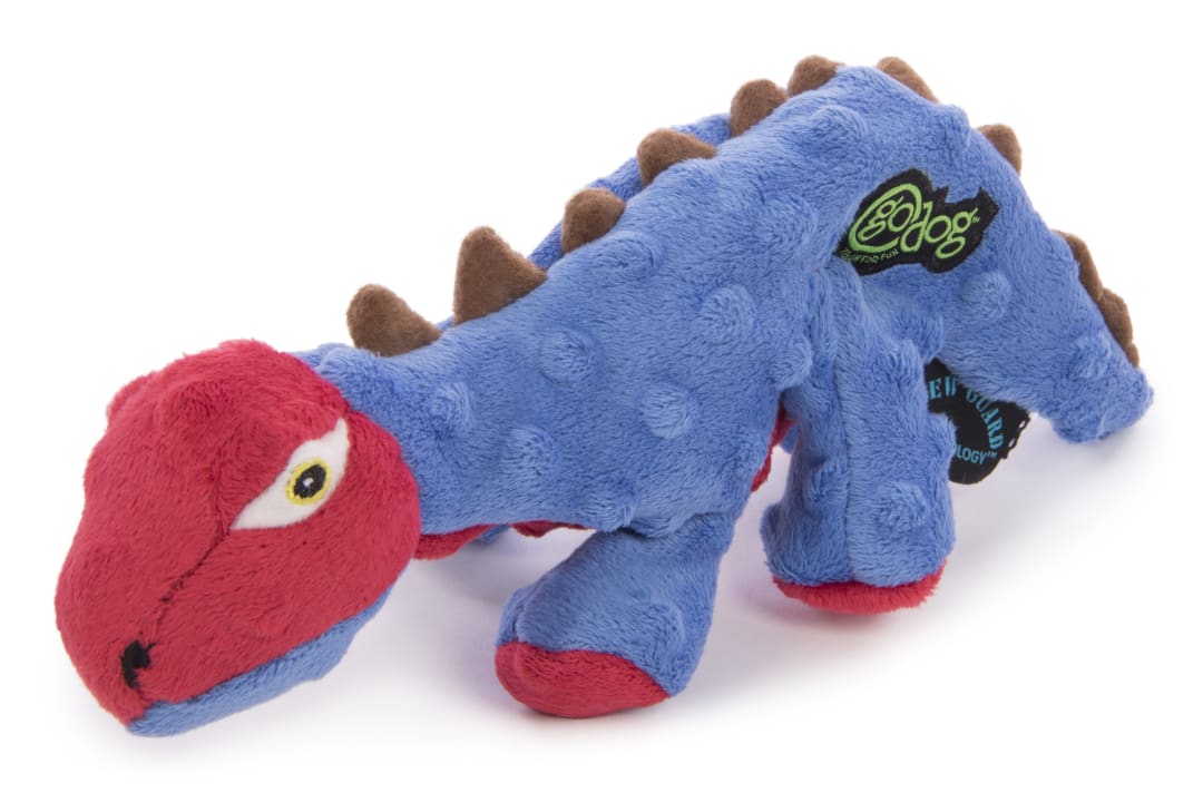 goDog Dinos Spike Squeaker Dog Toy, Chew Resistant, Durable Plush, Soft, Tough, Reinforced Seams, Blue, Small