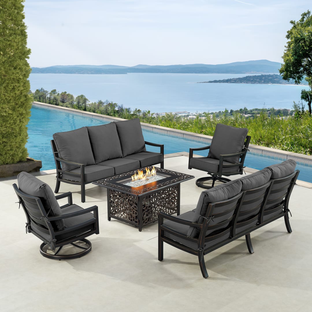 Black Aluminum Patio Fire Table Set with Two Deep Seating Sofa with Cushions and Two Club Chairs
