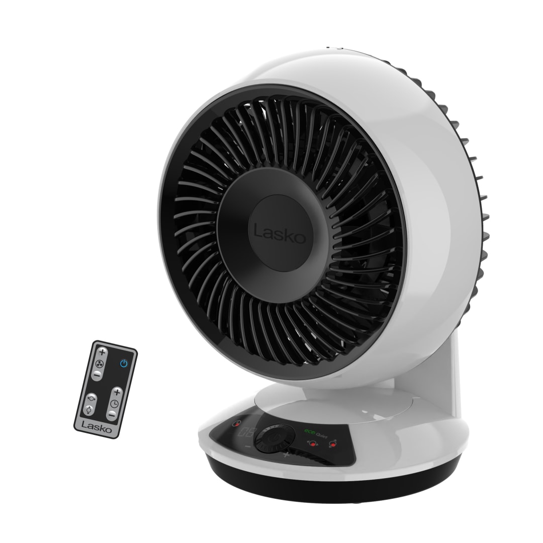 Lasko Whirlwind 7" Orbital Motion Table Top Fan with EcoQuiet DC Technology, Dual Axis Oscillation, 12-Speeds, Remote Control, White/Black
