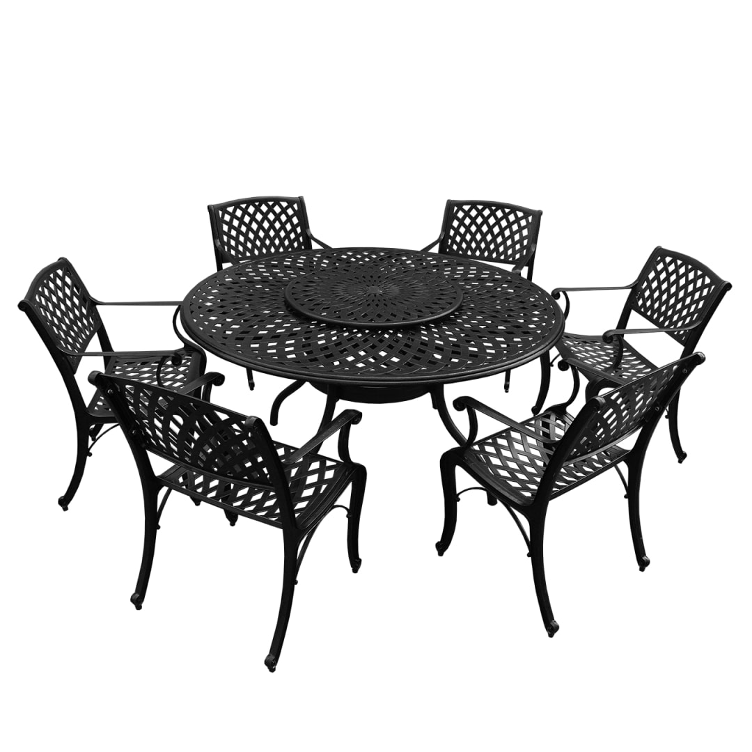 Modern Ornate Outdoor Mesh Aluminum 59-in Large Black Round Patio Dining Set with Lazy Susan and Six Chairs