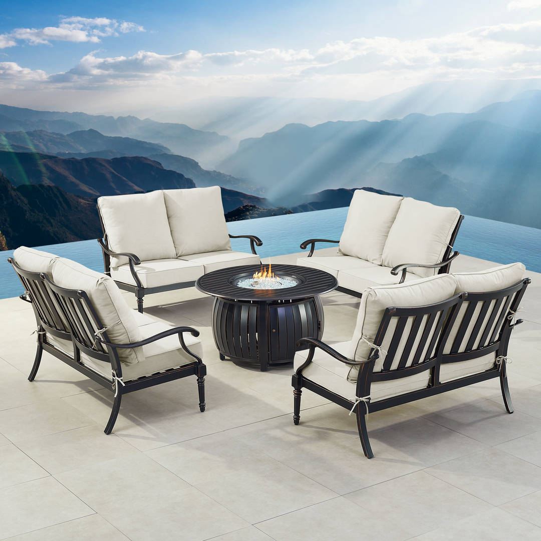 Black Aluminum Patio Fire Table Set with Four Deep Seating Loveseat with Cushions