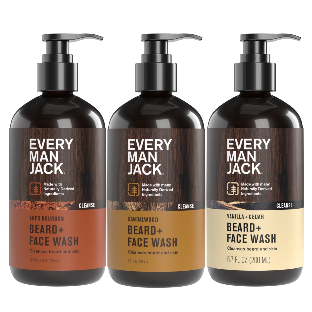 Every Man Jack Beard Wash Variety Pack for Men – Full Size 3-Pack Variety with Sandalwood, Vanilla + Cedar & Aged Bourbon Scents – Naturally Derived w/Aloe and Glycerin – 6.7 fl oz (3 Pack)