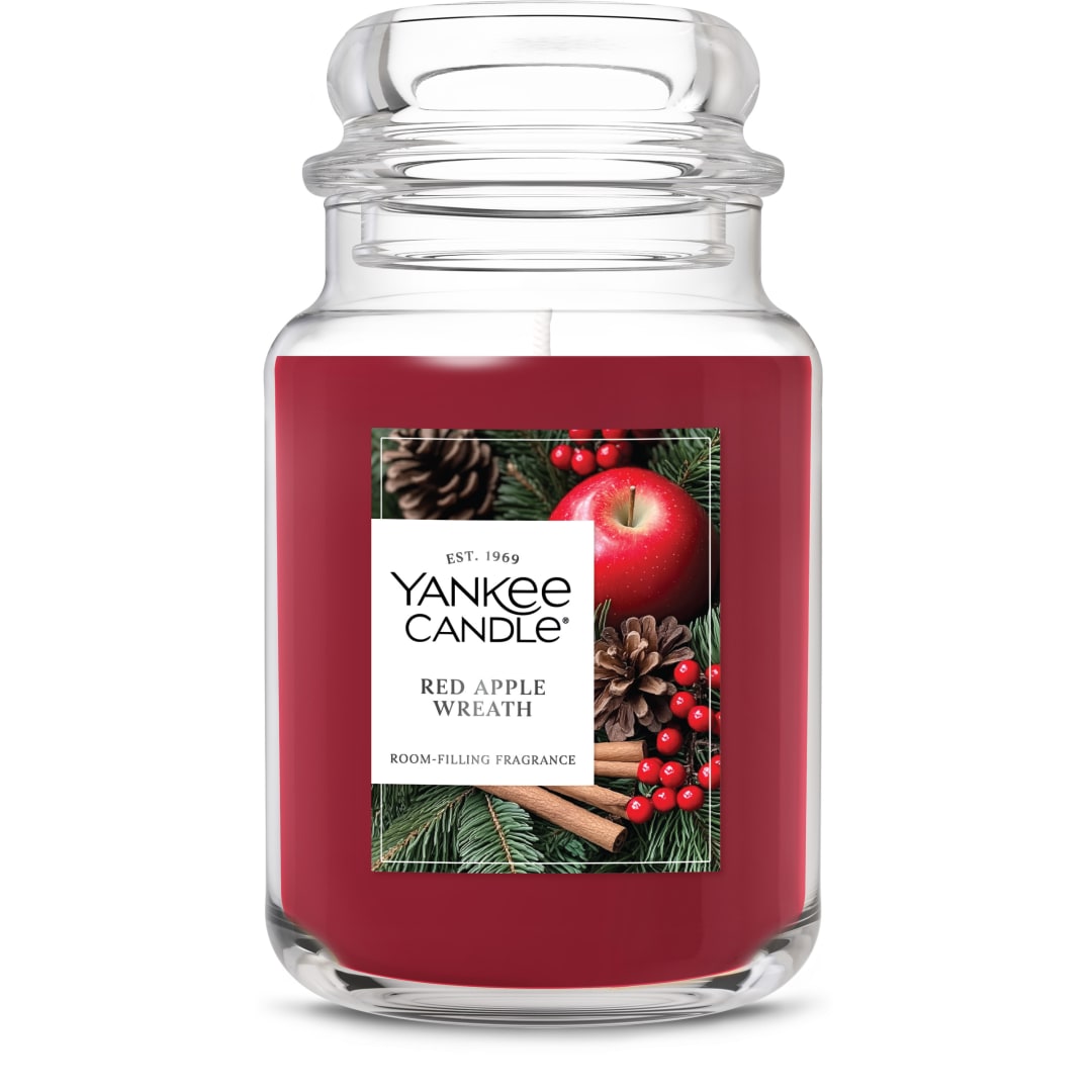 Yankee Candle® Large Jar Scented Candle with up to 150 Hour Burn Time, Premium Plant Wax Blend for Consistent Burn, 22 oz Jar Candle with Room Filling Fragrance, Red Apple Wreath