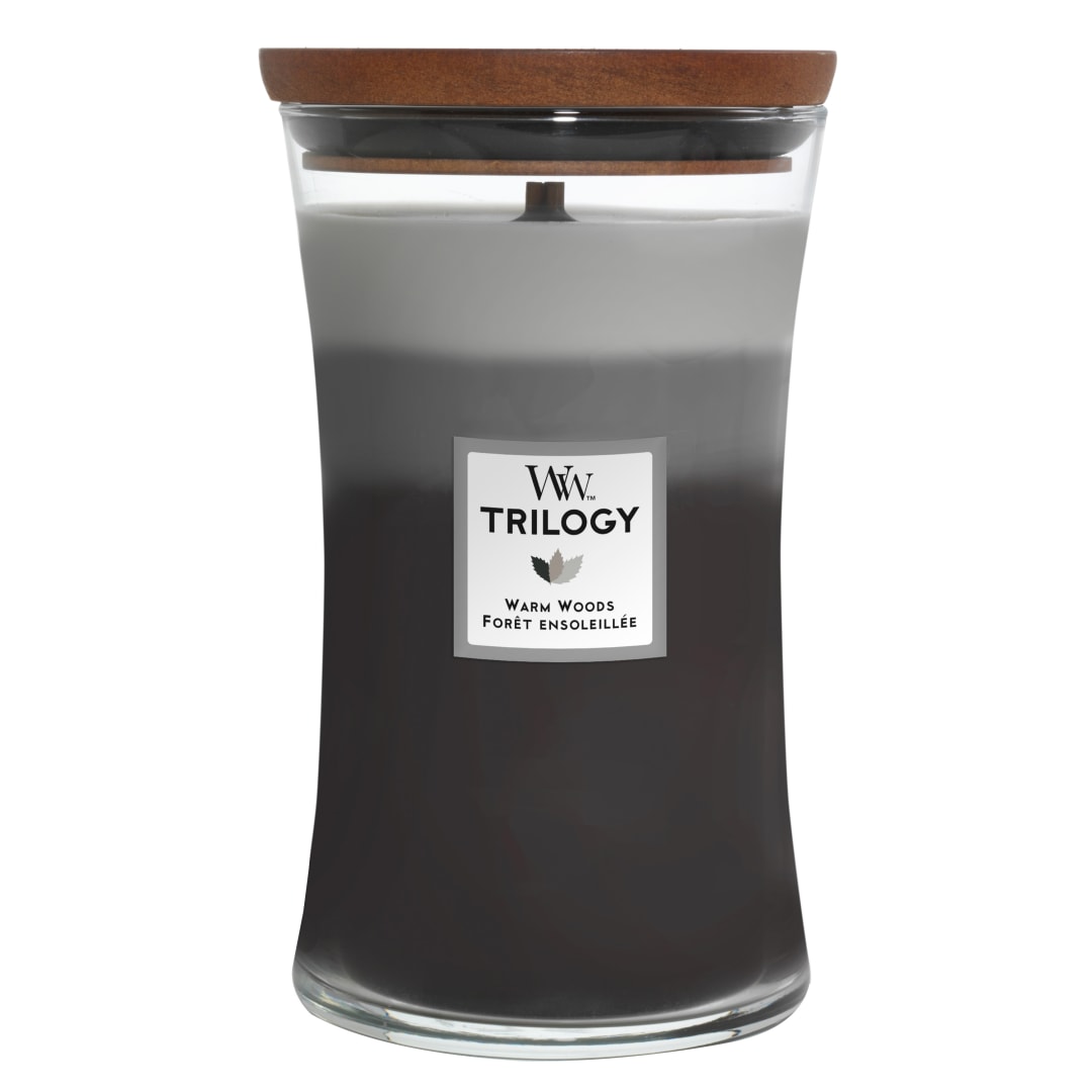 WoodWick Trilogy vela perfumada grande en forma de reloj de arena con Pluswick Innovation | Maderas cálidas