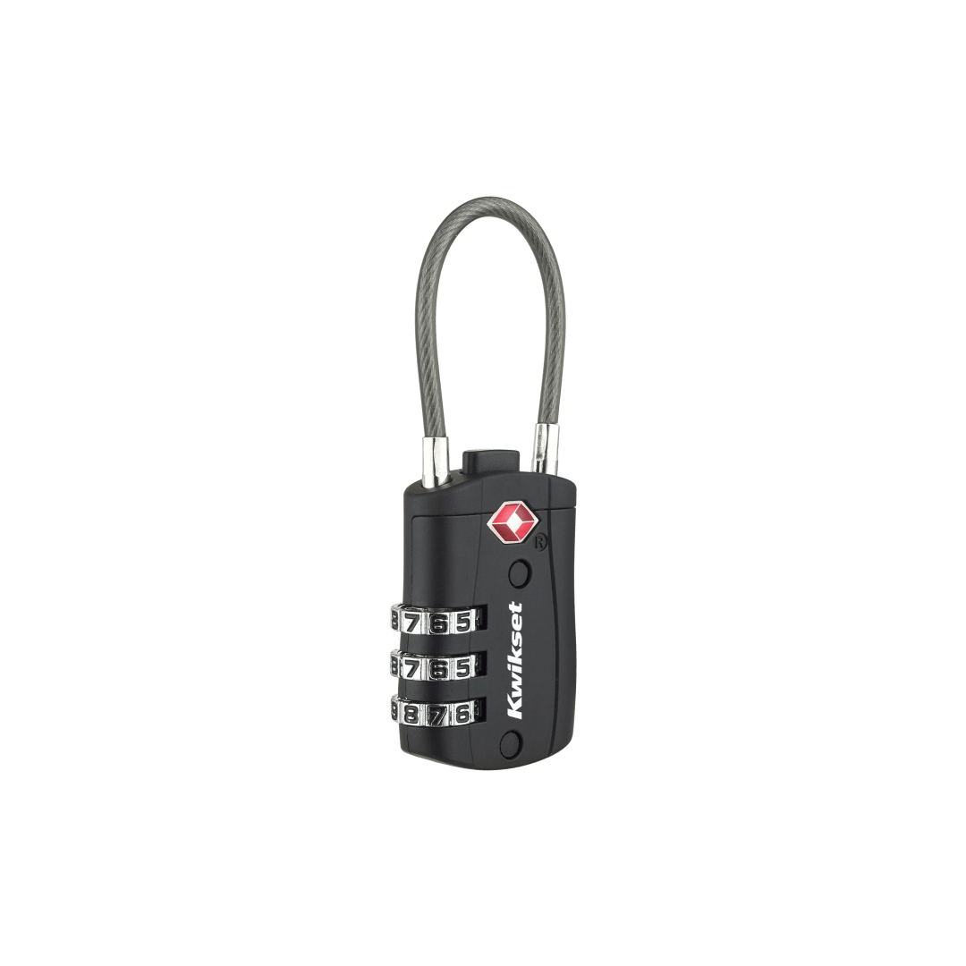 Kwikset TSA Approved Combination Luggage Lock with Cable, 3-Digit, 1-3/16 in Body, 1 Pack, Black