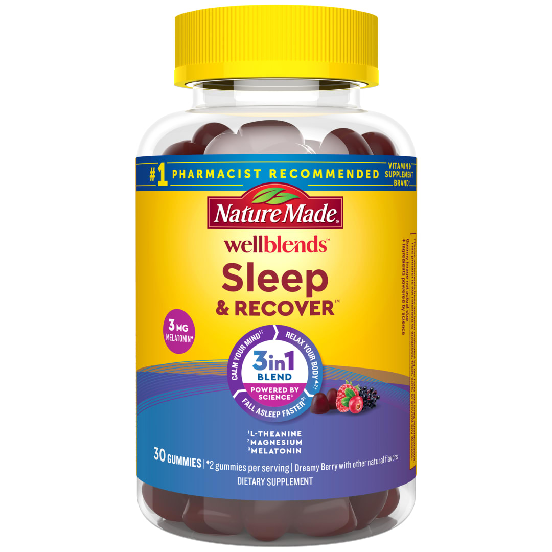 Nature Made Wellblends Sleep and Recover, Sleep Aid with Melatonin 3mg to Support Restful Sleep, plus L theanine 200mg and Magnesium Citrate, 30 Gummies