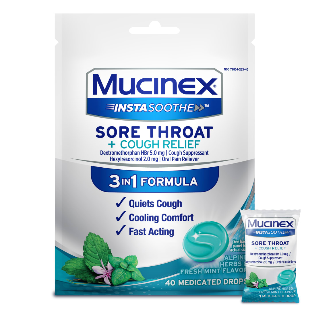 MUCINEX® InstaSoothe™ Sore Throat + Cough Relief - Alpine Herbs & Fresh Mint 36/40 ct.