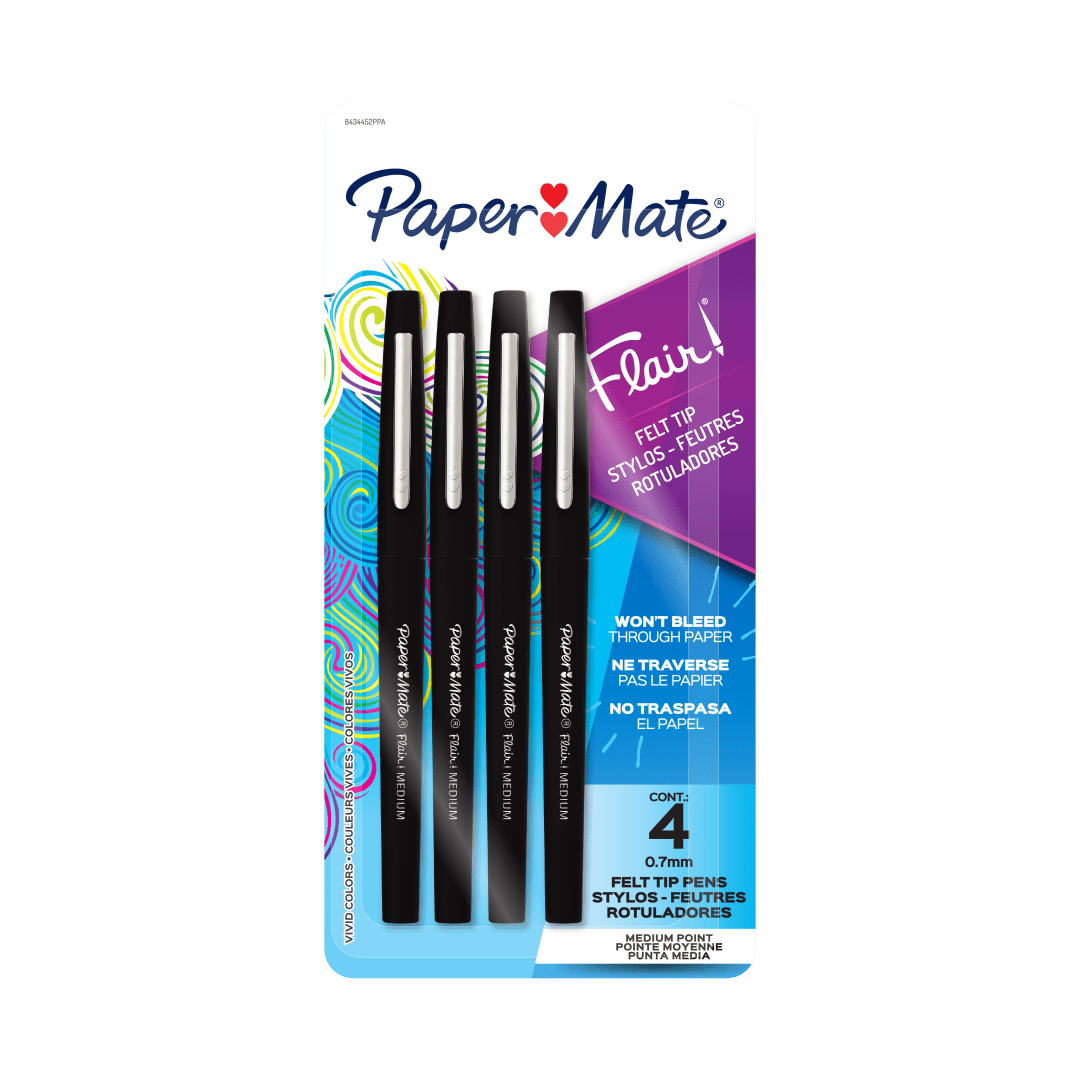 Stylos Flair de Paper Mate avec pointe en feutre, pointe moyenne (0,7 mm), noir, 4 unités