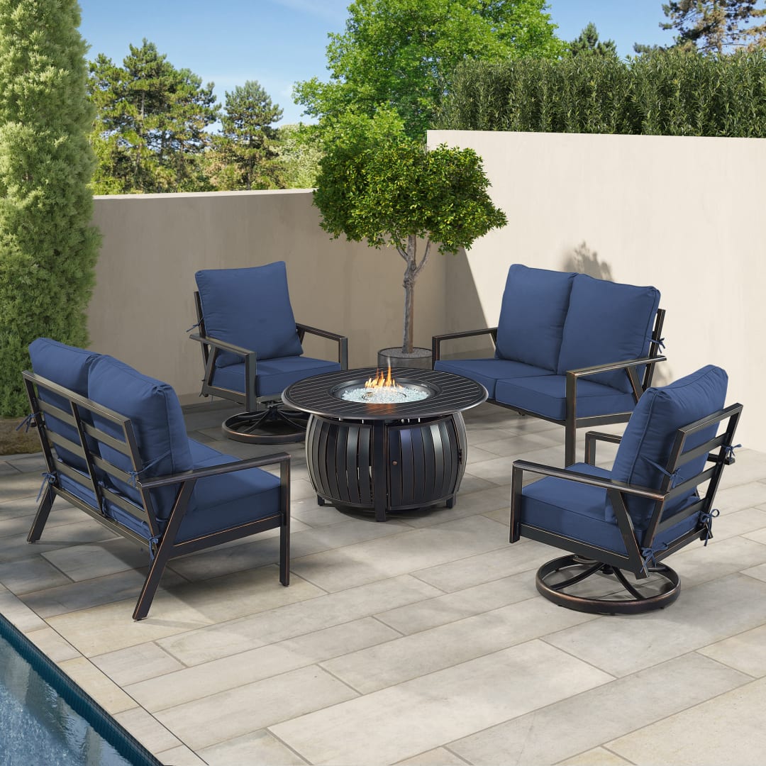 Black Aluminum Patio Fire Table Set with Two Deep Seating Loveseat with Cushions and Two Club Chairs