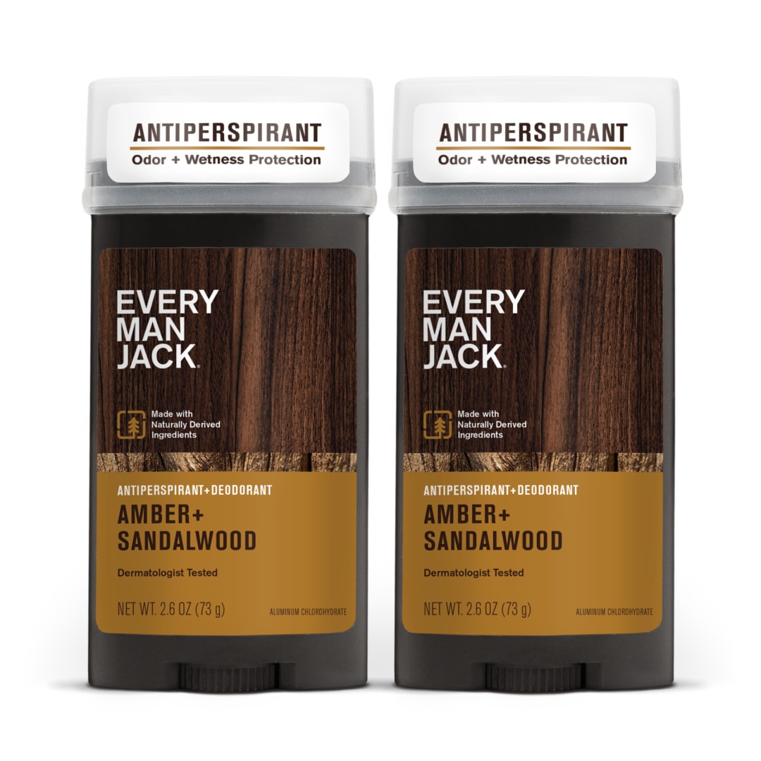 Every Man Jack Men’s Amber + Sandalwood Antiperspirant Deodorant - Stay Fresh with Antiperspirant Men’s Deodorant - Odor Crushing, Long Lasting, Plant-Based, and No Harsh Chemicals - 73 grams - 2 Pack