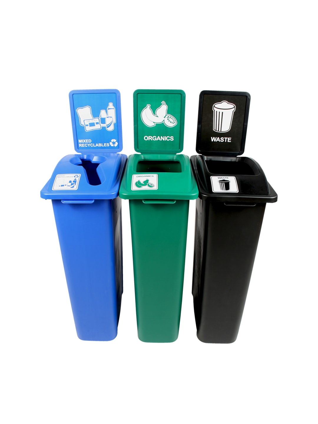 WASTE WATCHER - Triple - Kit - Mixed Recyclables-Organics-Waste - Mixed-Full - Blue-Green-Black