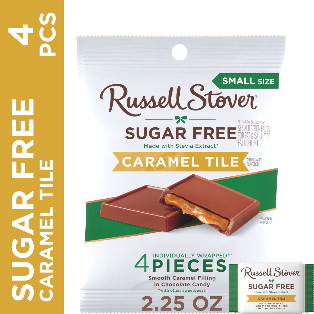 RUSSELL STOVER Sugar Free Caramel Chocolate Candy Tiles, 2.25 oz. bag