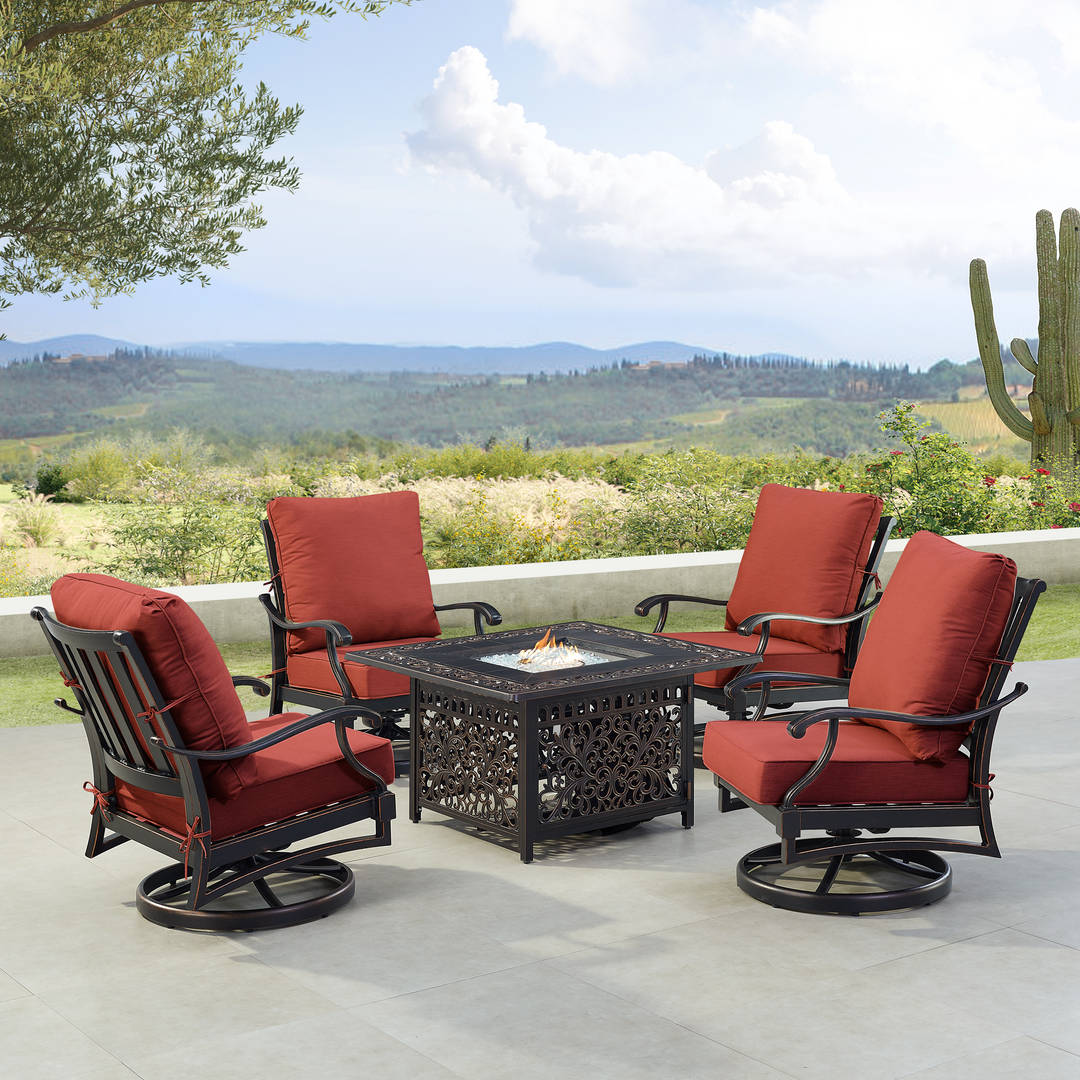 Black Aluminum Patio Fire Table Set with Four Club Chairs