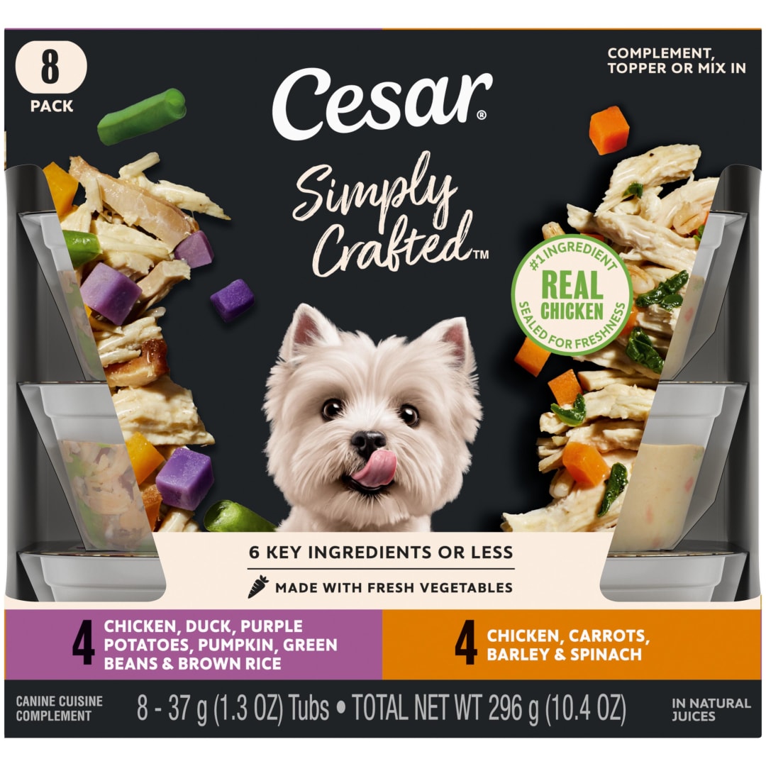 CESAR Simply Crafted Adult Soft Wet Dog Food Meal Topper Variety Pack, Chicken, Duck, Purple Potatoes, Pumpkin, Green Beans & Brown Rice and Chicken, Carrots, Barley & Spinach, (8) 1.3 oz. Tubs