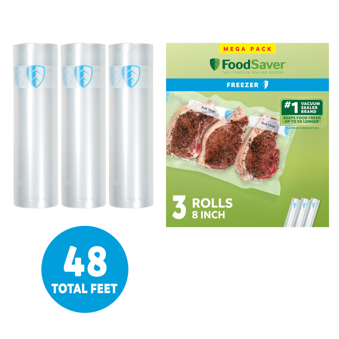 FoodSaver Vacuum Sealer Rolls, 3 Pack, 8" x 16' Rolls, BPA-Free Custom Size Freezer Bags for Food Storage, Sous Vide, and Meal Prep