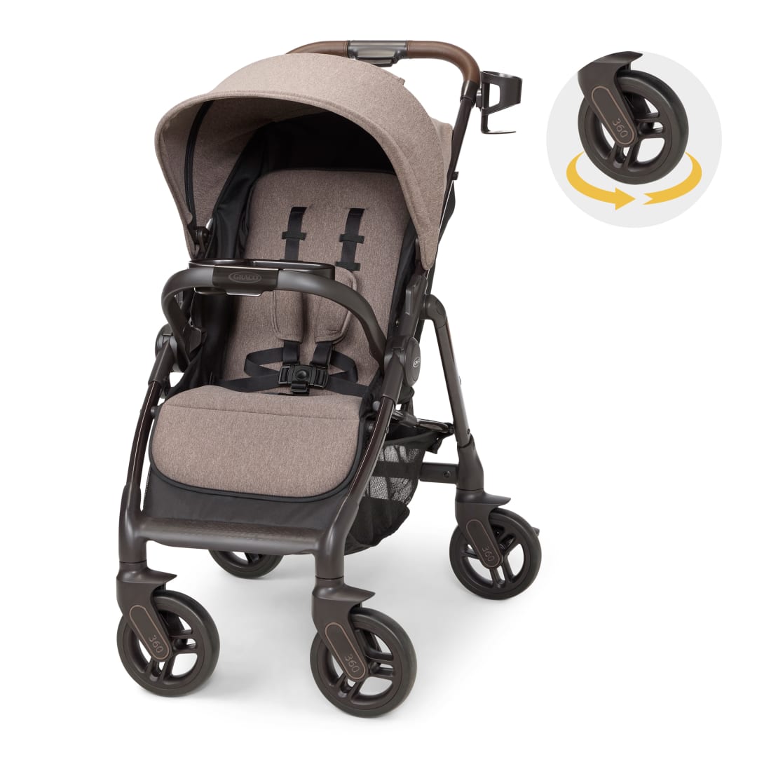 Graco Merge Stroller, 360 Degree Swivel Wheel Travel Stroller, Sable