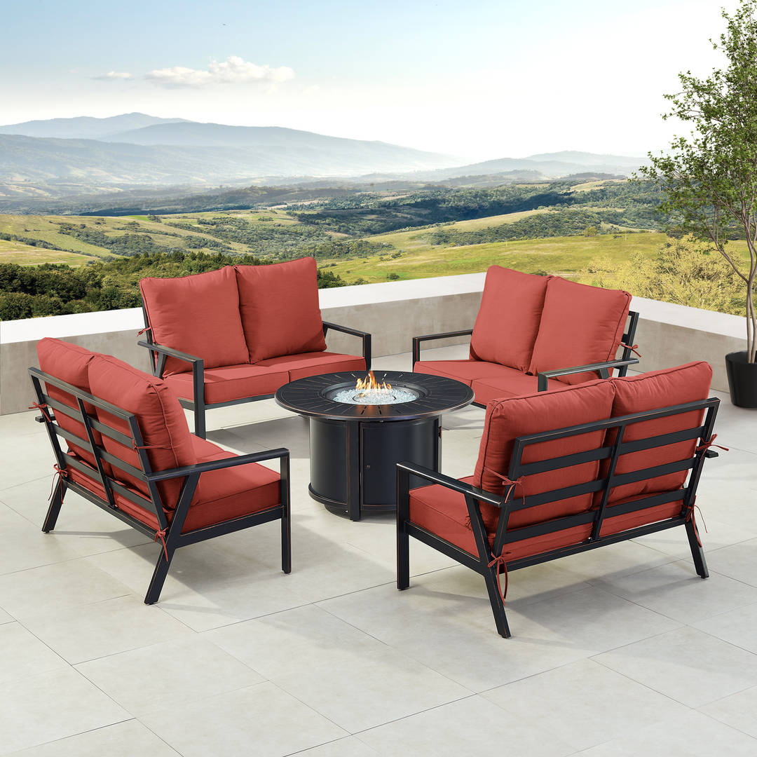 Black Aluminum Patio Fire Table Set with Four Deep Seating Loveseats with Cushions