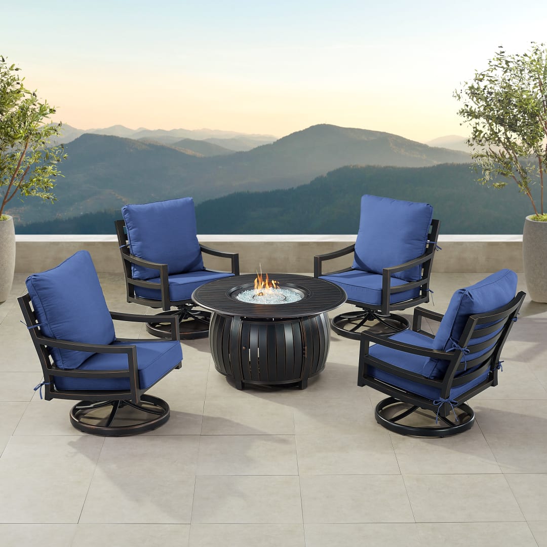 Black Aluminum Patio Fire Table Set with Four Club Chairs