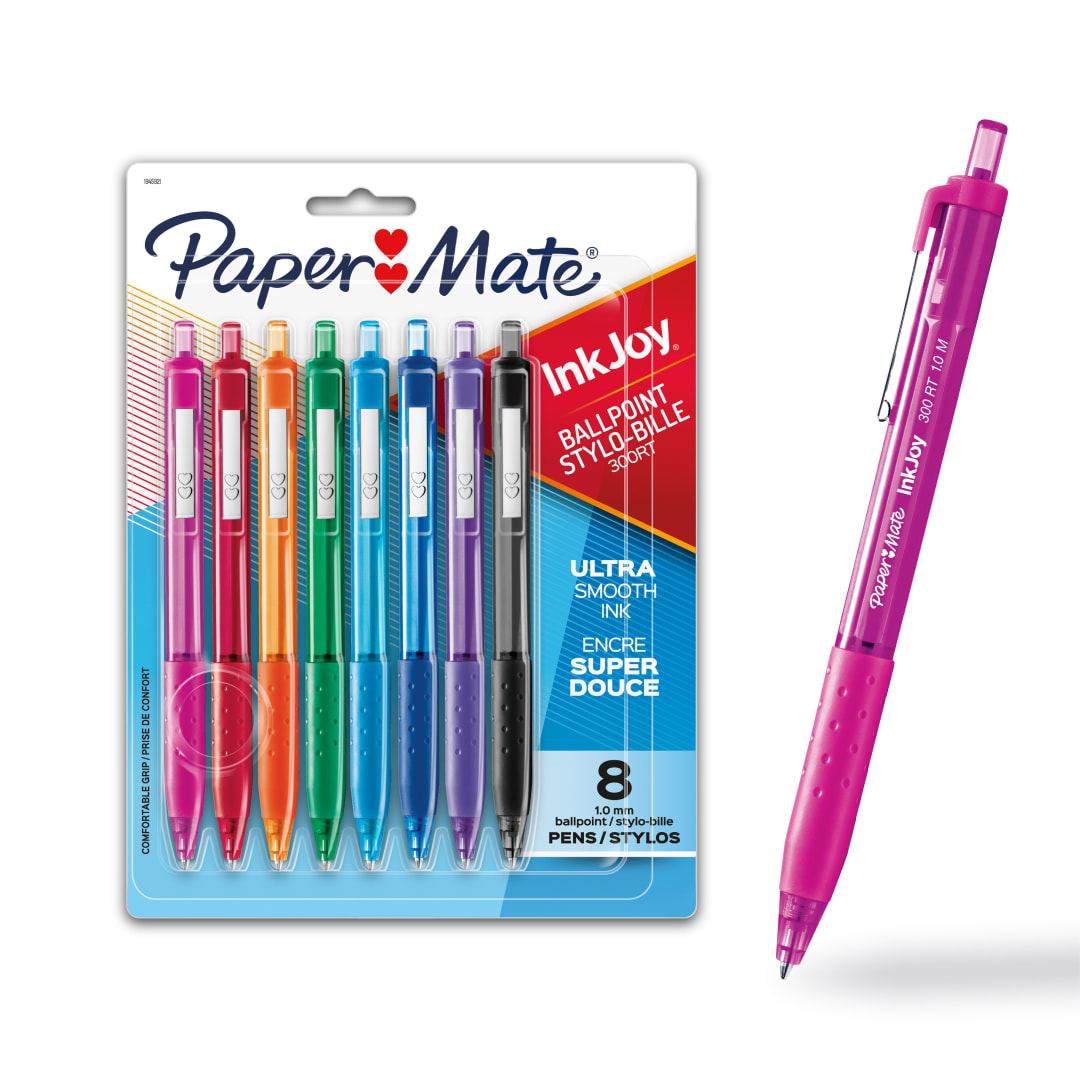 Stylos à bille Paper Mate InkJoy 300RT, stylos rétractables, pointe moyenne (1,0 mm), couleurs assorties, 8 unités