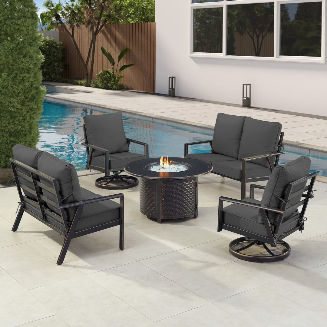 Black Aluminum Patio Fire Table Set with Two Deep Seating Loveseat with Cushions and Two Club Chairs