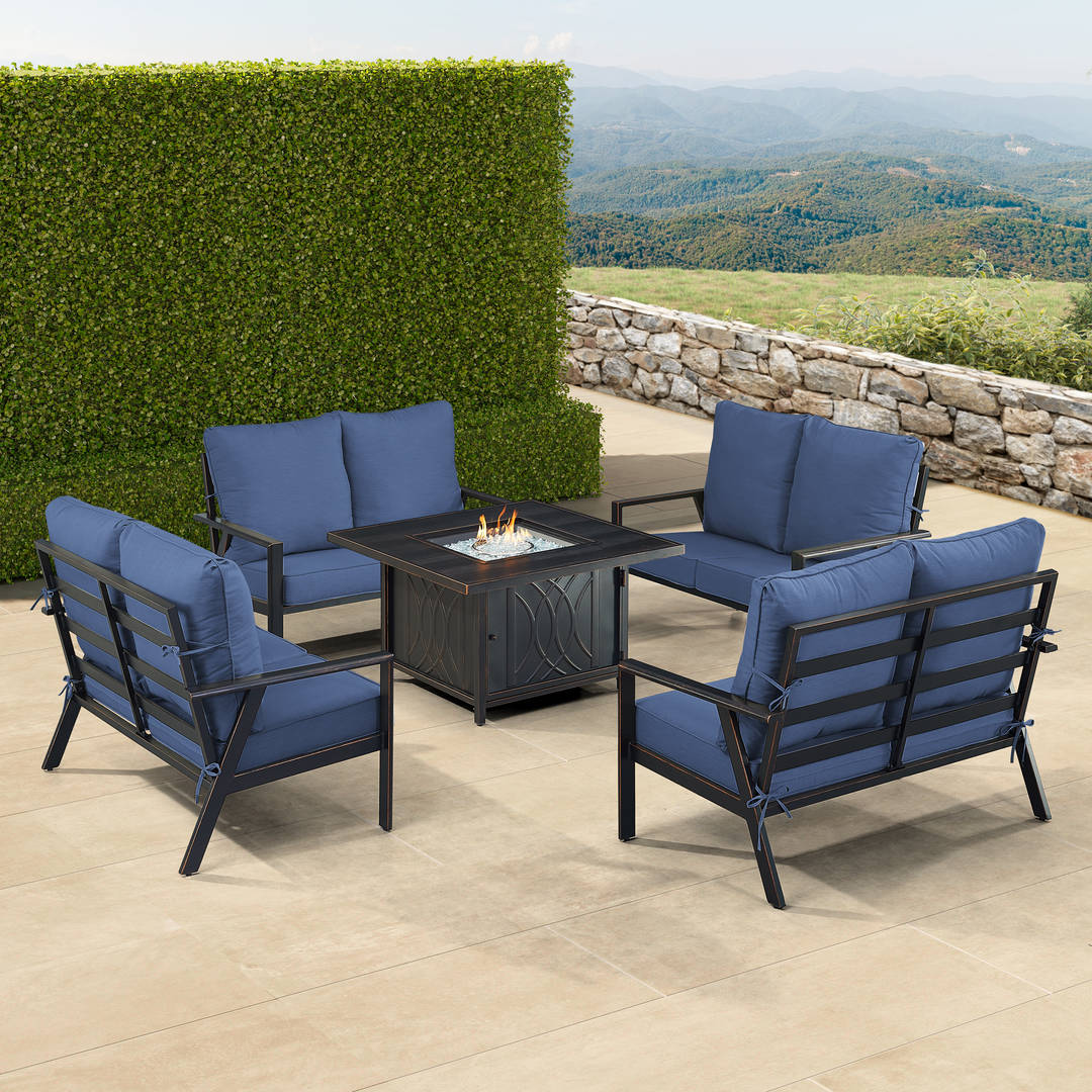 Black Aluminum Patio Fire Table Set with Four Deep Seating Loveseats with Cushions