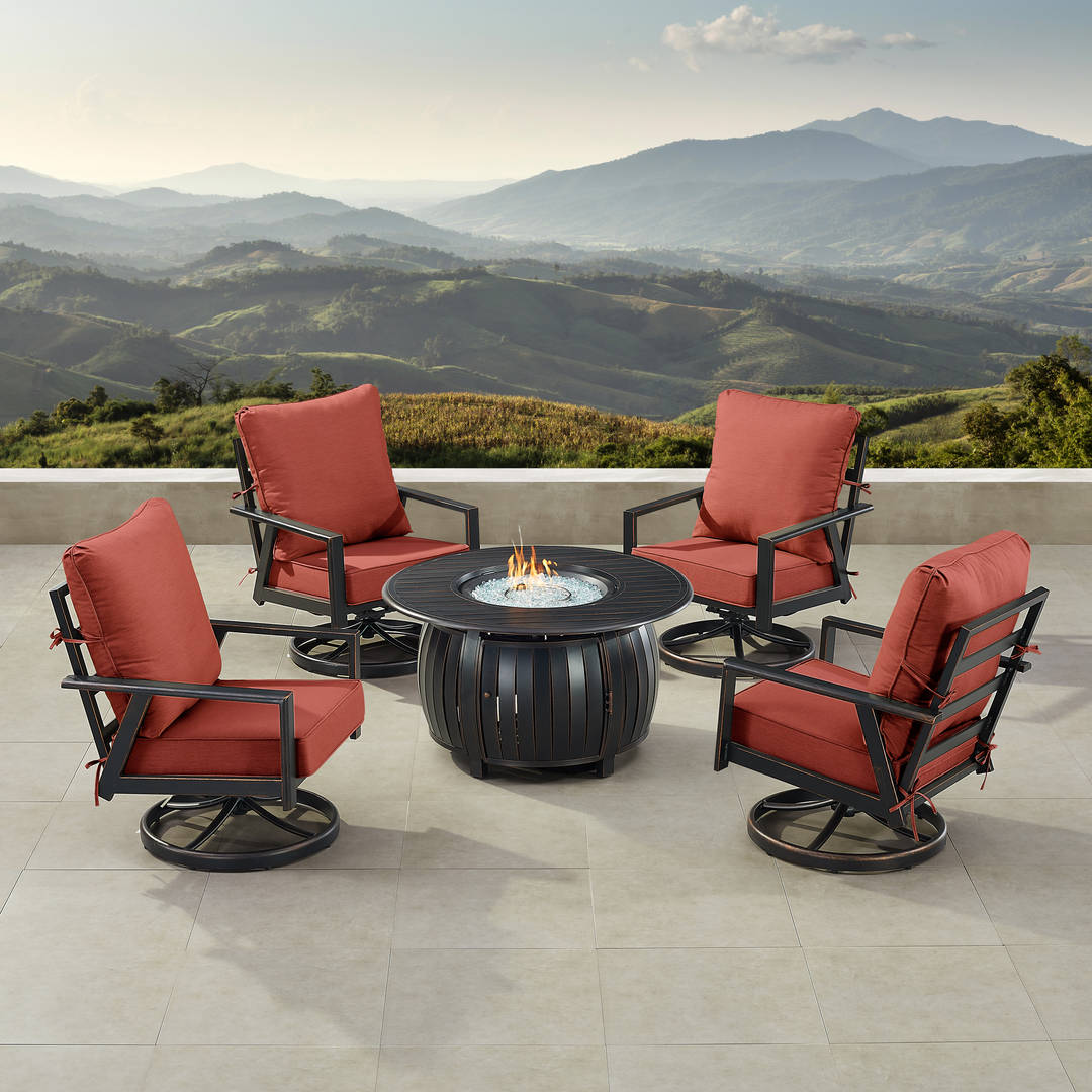 Black Aluminum Patio Fire Table Set with Four Club Chairs