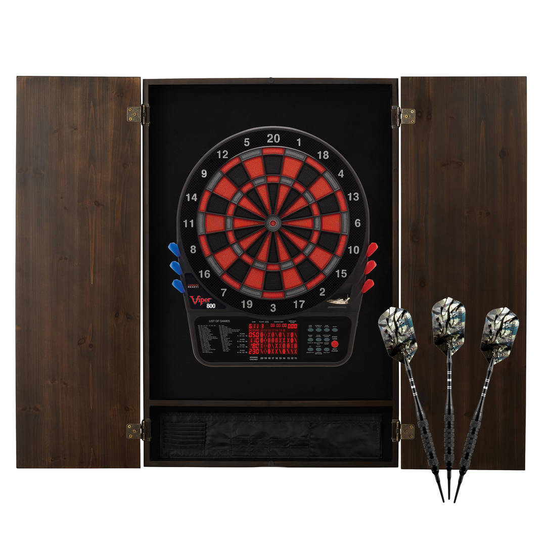 Viper Metropolitan Electronic Soft Tip Dartboard and Cabinet Bundle: Premium Set (800 Dartboard and Darts), Espresso Finish