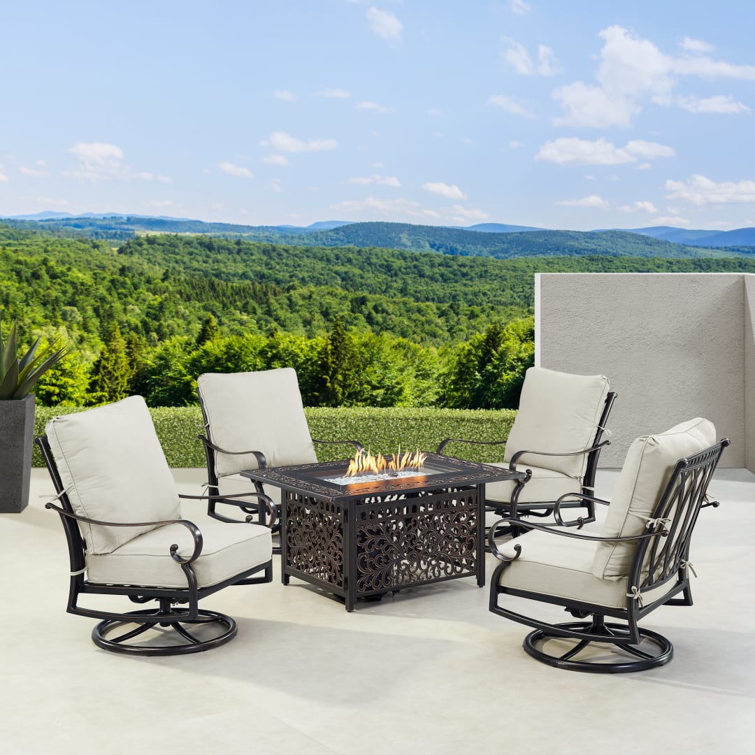 Black Aluminum Patio Fire Table Set with Four Club Chairs